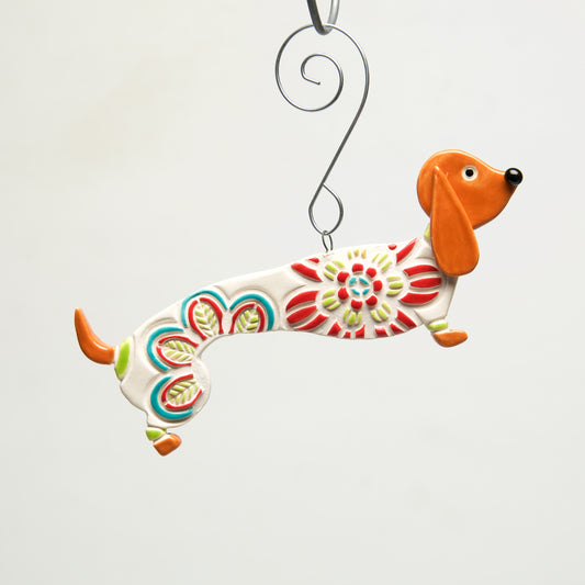 Doxy in Sweater Clay handmade ornament by Sally Scott - © Blue Pomegranate Gallery