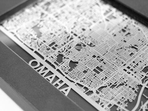5 x 7 Framed Stainless Steel Omaha Map - © Blue Pomegranate Gallery