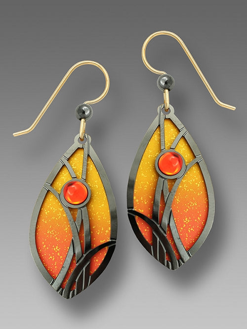 7570 Flame orange & gold almond shaped w/HM ' grasses' & cab Earrings by Barbara MacCambridge - © Blue Pomegranate Gallery