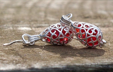 Ruby Beer Bottle Glass in Silver Filigree Teardrop Earrings by Laura Bergman - © Blue Pomegranate Gallery