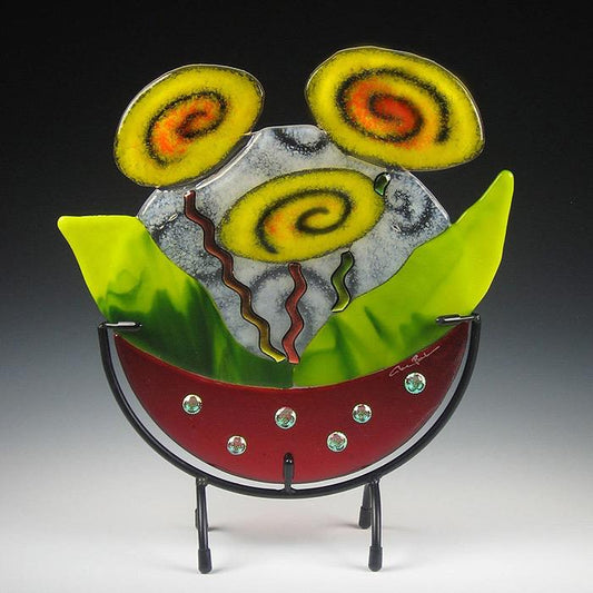 Red Rose Bowl, Yellow Roses in stand by Charlotte Behrens - © Blue Pomegranate Gallery