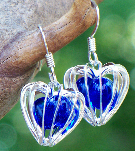 Cobalt Heart Cage Earrings by Laura Bergman - © Blue Pomegranate Gallery