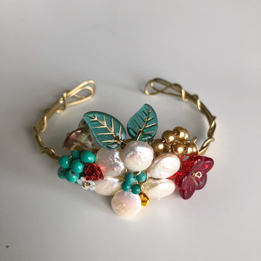 Pearl & Red Wrist Corsage Bracelet by Mary Lowe - © Blue Pomegranate Gallery