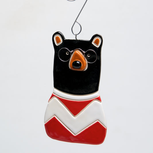 Black Bear w/glasses Clay handmade ornament by Sally Scott - © Blue Pomegranate Gallery