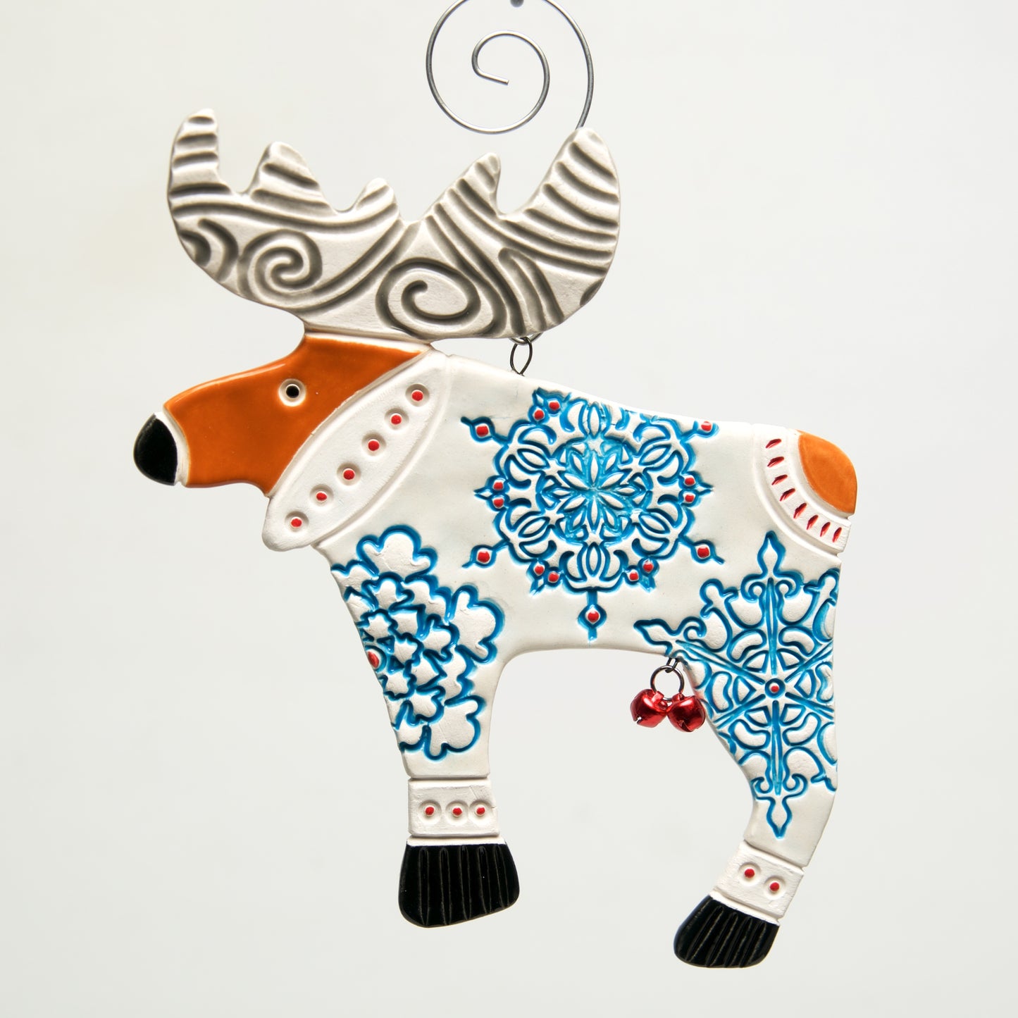 Moose in Sweater Clay handmade ornament by Sally Scott - © Blue Pomegranate Gallery