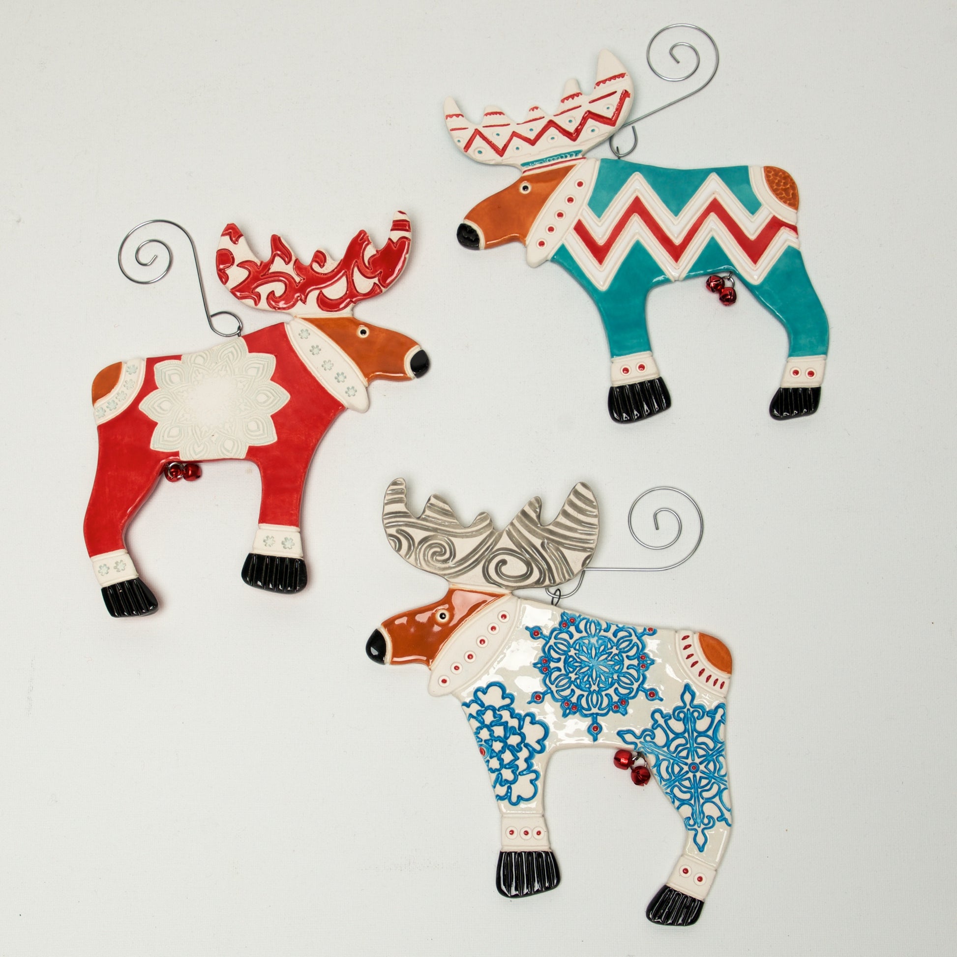 Moose in Sweater Clay handmade ornament by Sally Scott - © Blue Pomegranate Gallery