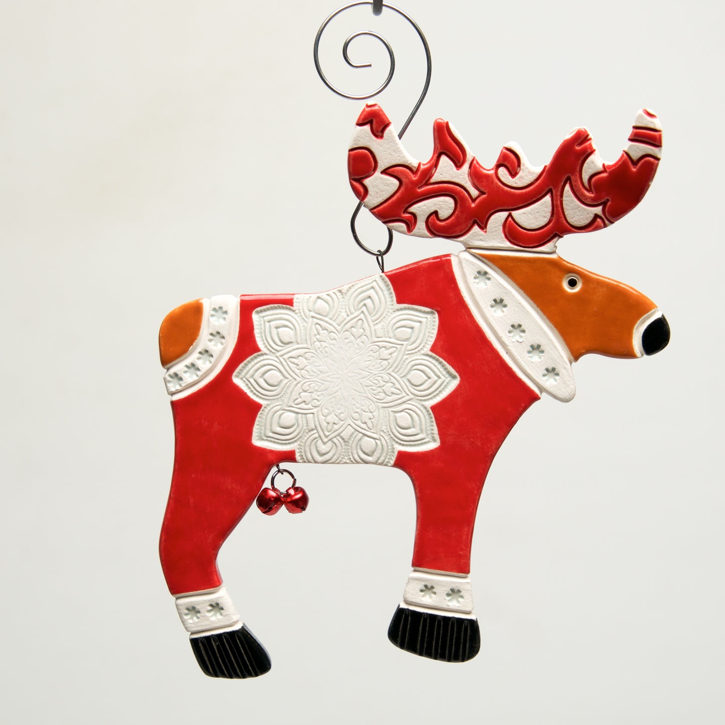 Moose in Sweater Clay handmade ornament by Sally Scott - © Blue Pomegranate Gallery