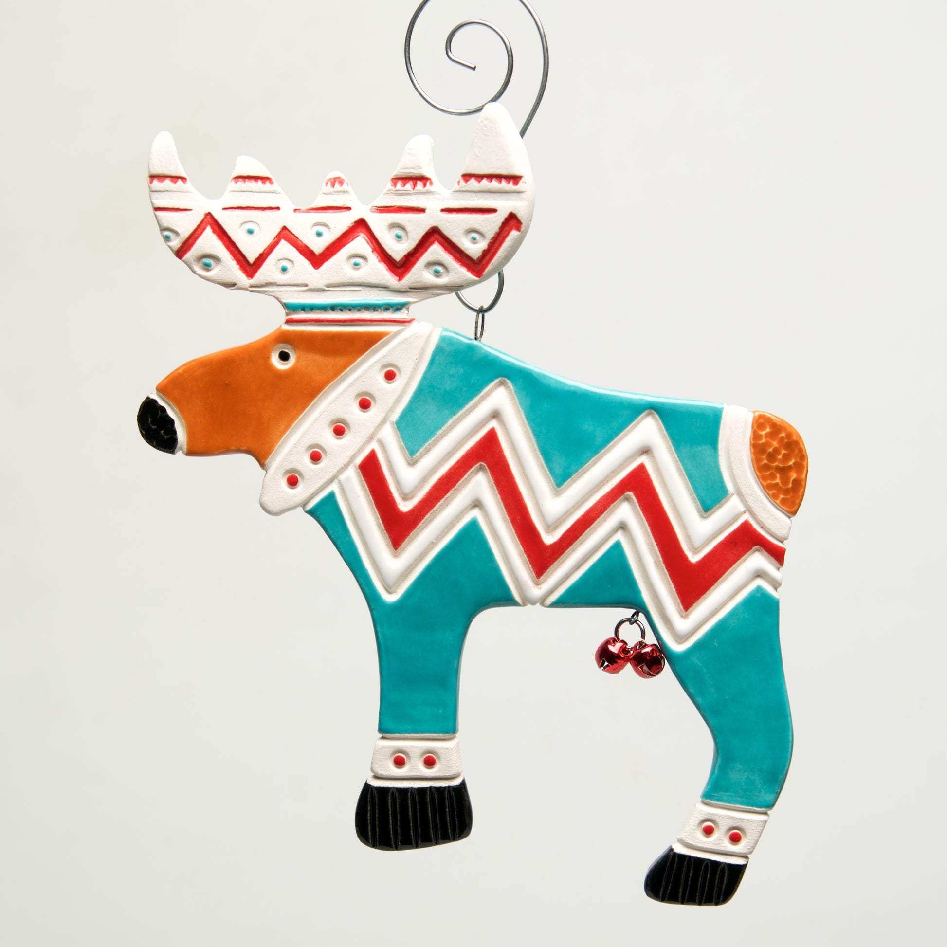 Moose in Sweater Clay handmade ornament by Sally Scott - © Blue Pomegranate Gallery