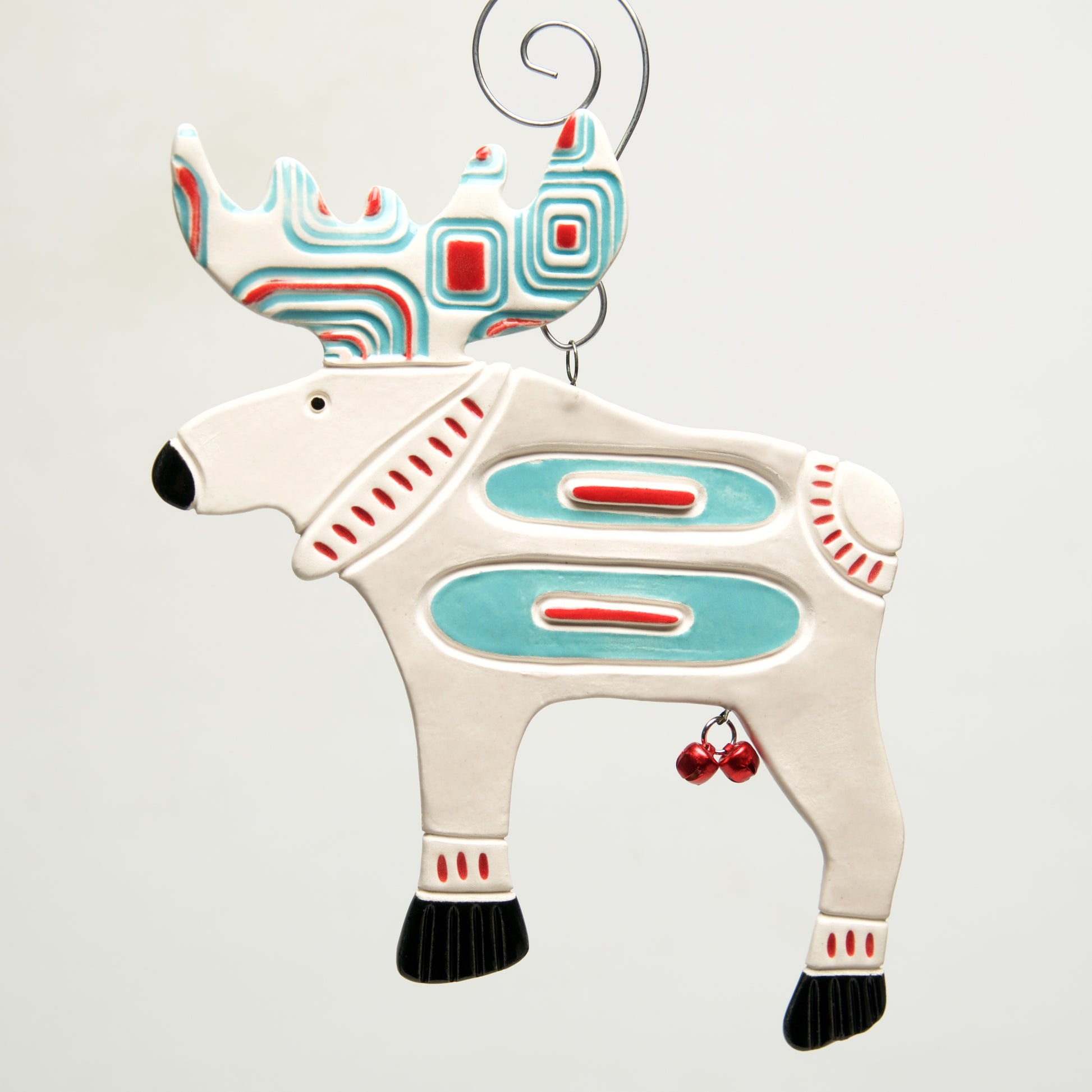 Moose in Sweater Clay handmade ornament by Sally Scott - © Blue Pomegranate Gallery