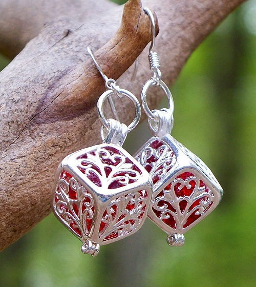 Ruby Beer Bottle Glass in Silver Filigree Box Earrings by Laura Bergman - © Blue Pomegranate Gallery