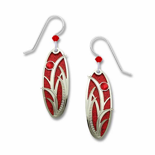 7563 True Red oval w/grasses overlay Earrings by Barbara MacCambridge - © Blue Pomegranate Gallery